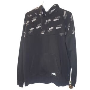 Puma Power AOP Logo Print Black Long Sleeve Pullover Hoodie Size XL